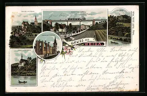 Lithographie Weida, Oschützthal-Viaduct, Schloss Osterburg, Gasthaus Alpenrose