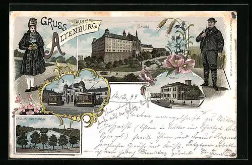 Lithographie Altenburg /S.-A., Schloss, Plateau, Bahnhof, Grosser Teich mit Insel