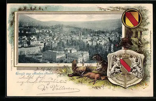 Passepartout-Lithographie Baden-Baden, Gesamtansicht, Jagdhund mit Beute, Wappen