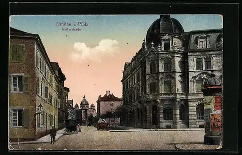 AK Landau i. Pfalz, Reiterstrasse mit Kutschen, Synagoge
