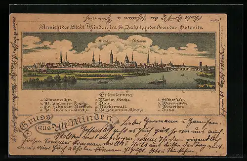 Lithographie Minden, Gesamtansicht im 14. Jahrhundert ostseitig