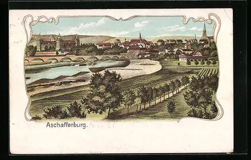 Lithographie Aschaffenburg, Gesamtansicht mit Fluss