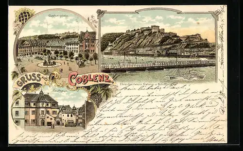 Lithographie Koblenz, Kaufhaus, Goebenplatz, Ehrenbreitstein Festung und Schiffbrücke