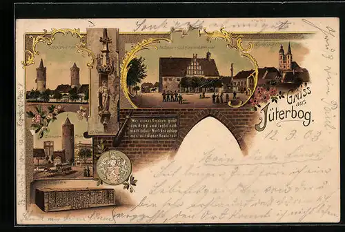 Lithographie Jüterbog, Rathaus mit Kriegerdenkmal, Nicolaikirche, Stadttürme