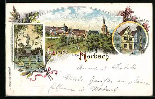 Lithographie Marbach, Teilansicht, Schiller-Denkmal- und Geburtshaus
