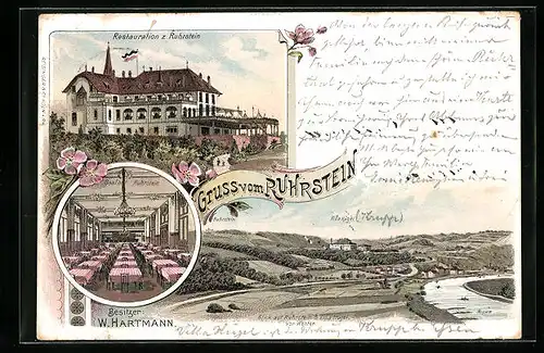 Lithographie Essen /Ruhr, Gasthof Ruhrstein, Gasthaus zum Ruhrstein, Inneres Saal, Panorama mit Villa Hügel