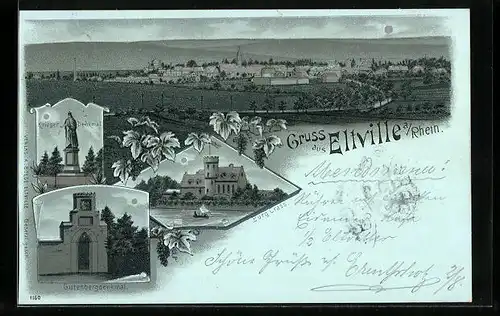 Mondschein-Lithographie Eltville a. Rhein, Burg Crass, Gutenbergdenkmal, Krieger-Denkmal
