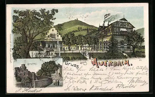 Lithographie Auerbach, Hotel Krone, Schloss