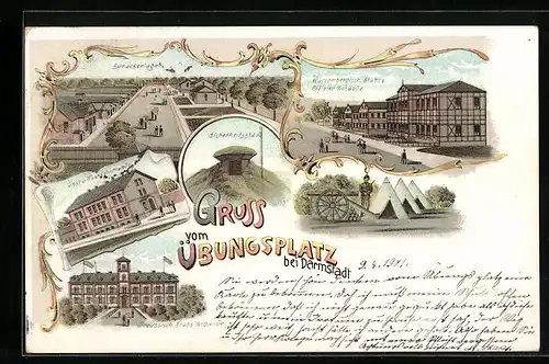 Lithographie Darmstadt, Übungsplatz, Barackenlager, Post und Wach-Kommano, Sicherheitsstand