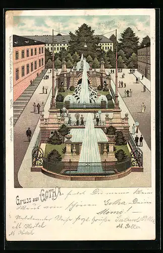 Lithographie Gotha, Schlossberg mit Fontänen