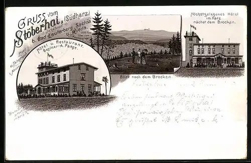 Vorläufer-Lithographie Wieda, 1895, Stöberhai, Hotel und Restaurant A. Panse, Panorama