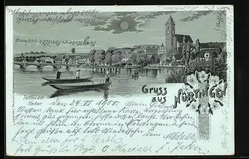 Mondschein-Lithographie Nürtingen, Parthie am Neckar mit Booten