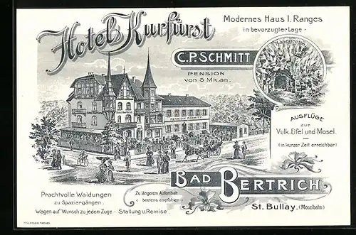 Lithographie Bad Bertrich /St. Bullay, Hotel Kurfürst