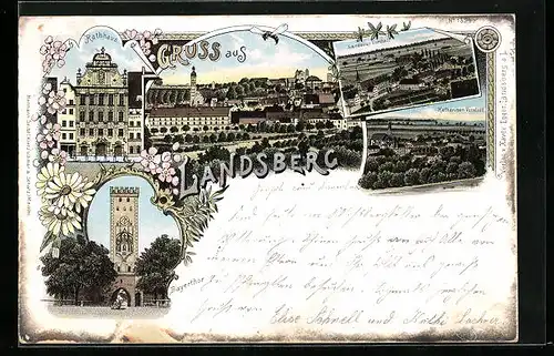 Lithographie Landsberg, Ortsansicht, Sandauer Vorstadt, Katharinen-Vorstadt, Bayerthor