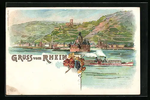 Lithographie Caub, Ortsansicht mit Dampfer