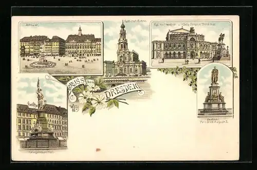 Lithographie Dresden, Altmarkt, Kriegerdenkmal, Denkmal Friedrich August II.