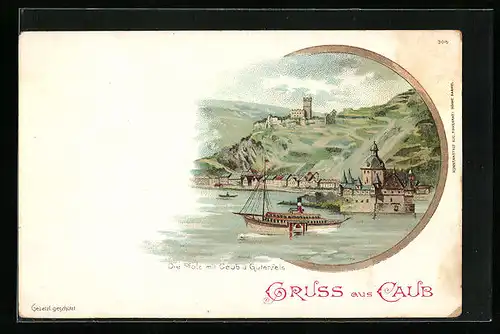 Lithographie Caub, Die Pfalz mit Caub und Gutenfels