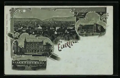 Mondschein-Lithographie Elberfeld, Stadthalle, Hotel Weidenhof u. Kaiser Wilhelm Denkmal