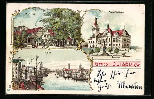 Lithographie Duisburg, Monning, Hafen, Neues Rathaus