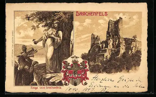 Künstler-AK Drachenfels, Ruine, Sage vom Drachenfels, Wappen