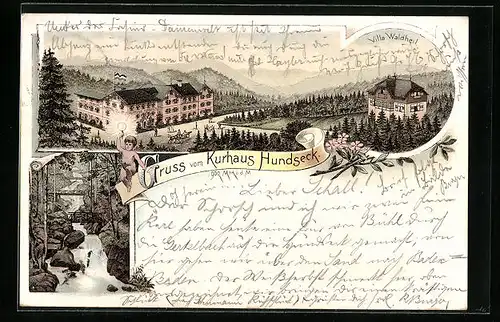 Lithographie Hundseck, Ansicht mit Kurhaus und Villa Waldheil