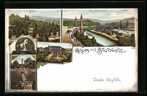 Lithographie Stuttgart, Bopser, König-Karl`s-Brücke, Hofer`s Pferde