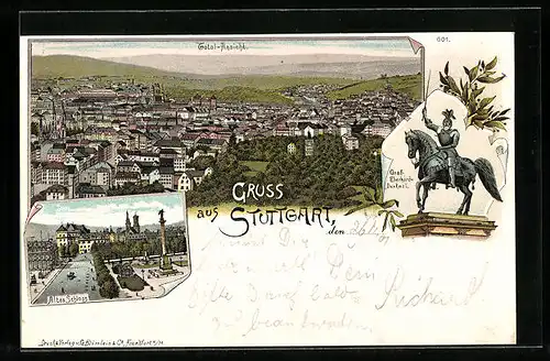 Lithographie Stuttgart, Totalansicht, Altes Schloss, Graf-Eberhard-Denkmal