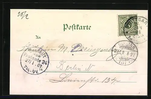 Lithographie Stuttgart, Totalansicht, Altes Schloss, Graf-Eberhard-Denkmal