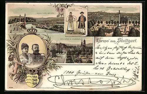 Lithographie Stuttgart, Schwäb. Volkstracht, König Karl Brücke, Königliches Schloss
