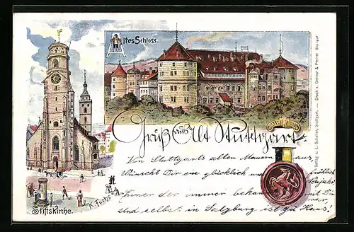Künstler-AK Stuttgart, Altes Schloss, Stiftskirche