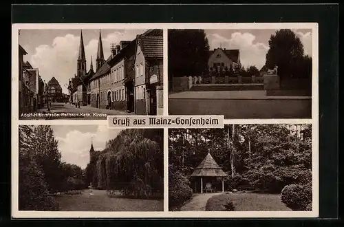 AK Mainz-Gonsenheim, strasse, Rathaus, Kath. Kirche