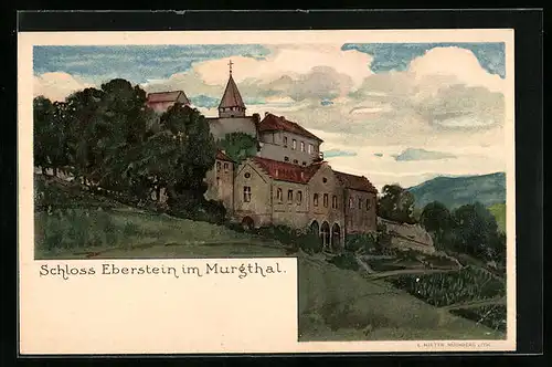 Lithographie Gernsbach, Schloss Eberstein im Murgthal