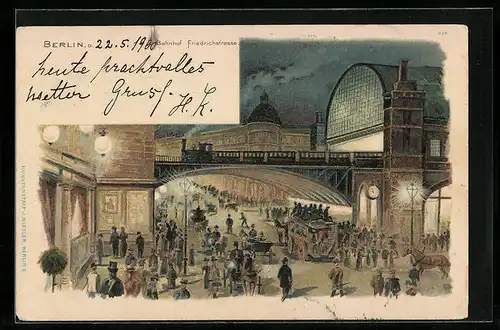 Lithographie Berlin, Bahnhof Friedrichstrasse mit Passanten
