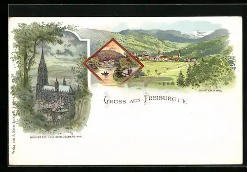 Lithographie Freiburg i. B., Münster vom Schlossberg gesehen, Güntersthal