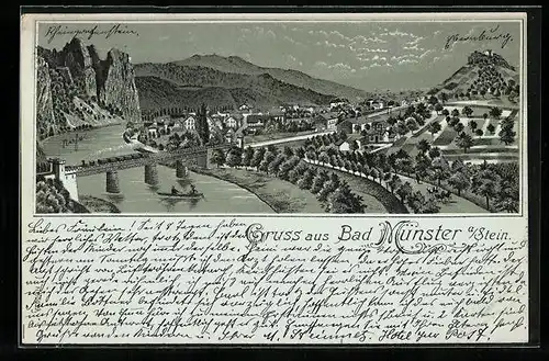 Lithographie Bad Münster a. Stein, Gesamtansicht des Ortes