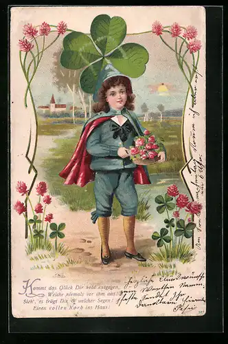 AK Junge mit Umhang und Blumen