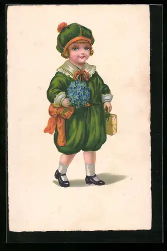AK Kind mit Mütze und Blumen