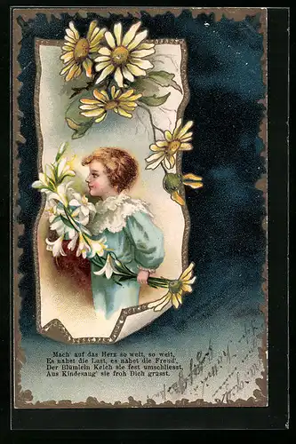 AK Junge im Rüschenhemd mit Blumen