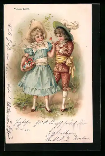 Lithographie Kinder-Paar mit Blumenkorb beim Spaziergang