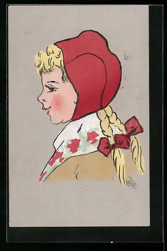 AK Blondes Mädchen mit roter Mütze
