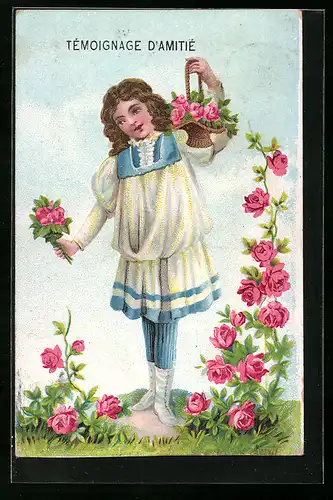 AK Kind mit Rosen auf einer Wiese