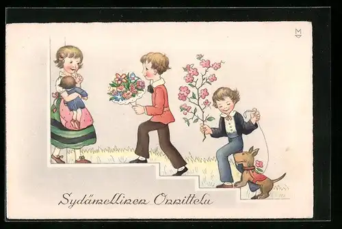 AK Kinder mit Hund und Blumen