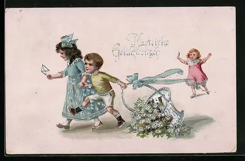 AK Kinder mit grossem Blumenkorb