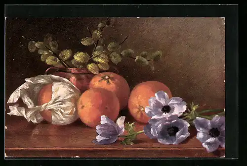 AK Orangen und Blumen auf einem Tisch