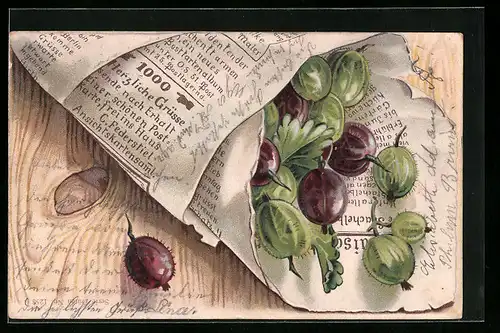 Lithographie Düten, In Zeitung eingewickelte Stachelbeeren