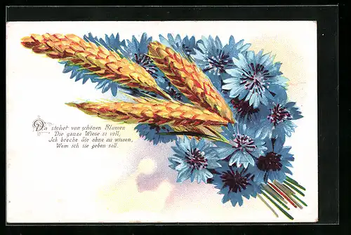 AK Kornblumen mit Weizenähren