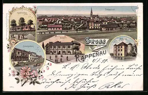 Lithographie Rappenau, Totalansicht, Kindersolbad Siloa, Gasthof Schweizerhaus, Badhotel