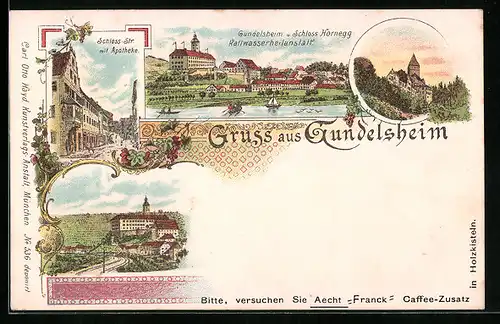 Lithographie Gundelsheim, Schloss-Strasse mit Apotheke, Ortsansicht mit Schloss Hornegg, Heilwasseranstalt