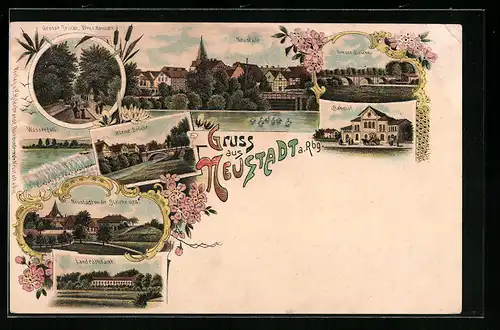 Lithographie Neustadt a. Rbg., Bahnhof, Ortsansichten, Landrathsamt