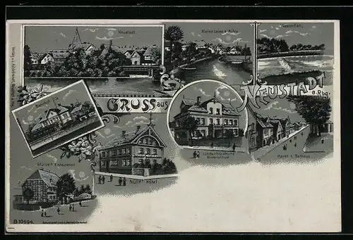 Mondschein-Lithographie Neustadt a. Rbg., Ortsansicht, Bahnhof, Nülles Hotel, Stürkels Restauration